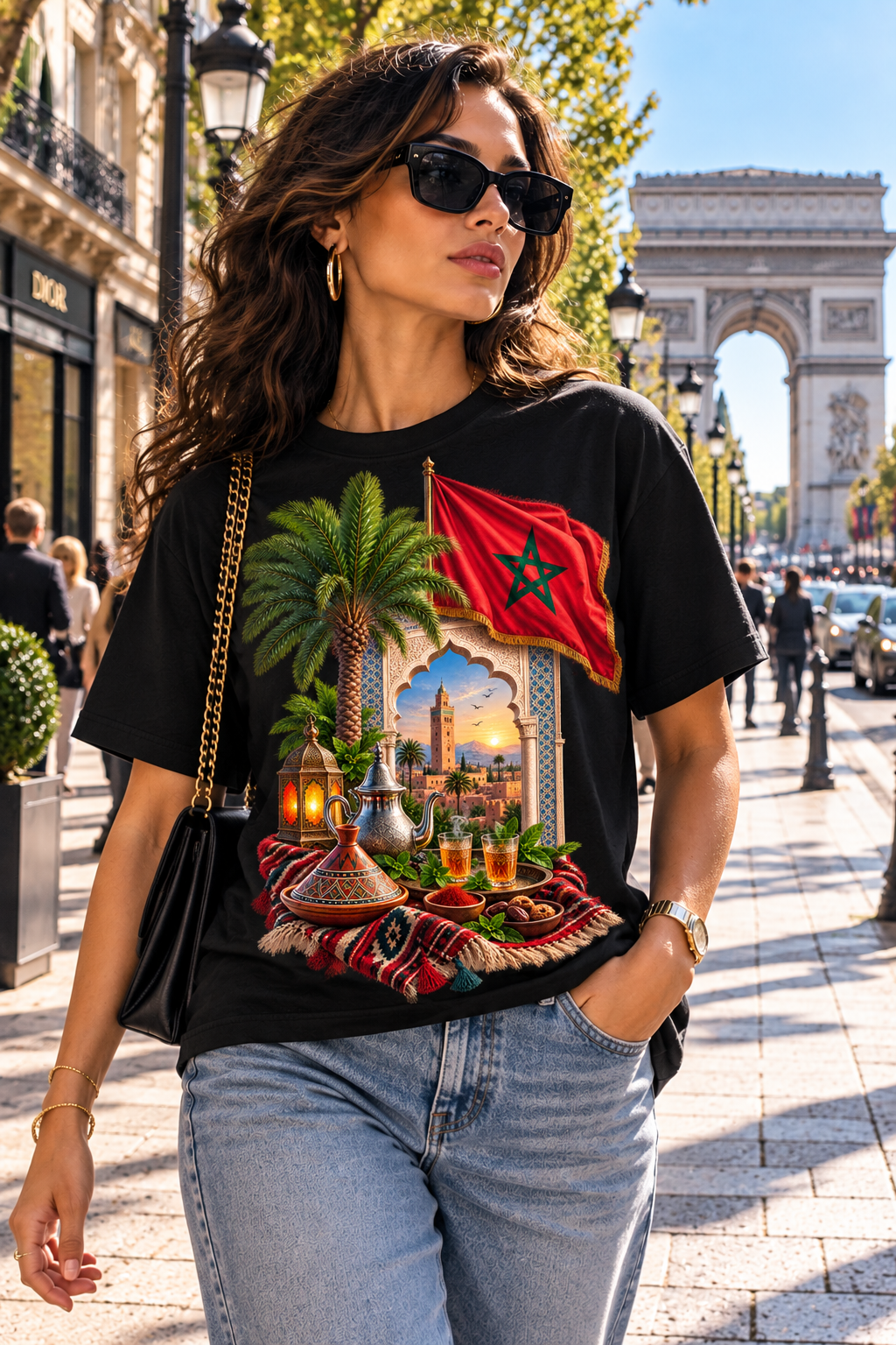 Moroccan Flag Medina Scene T-Shirt | Palm Tree, Lanterns, Tea Set