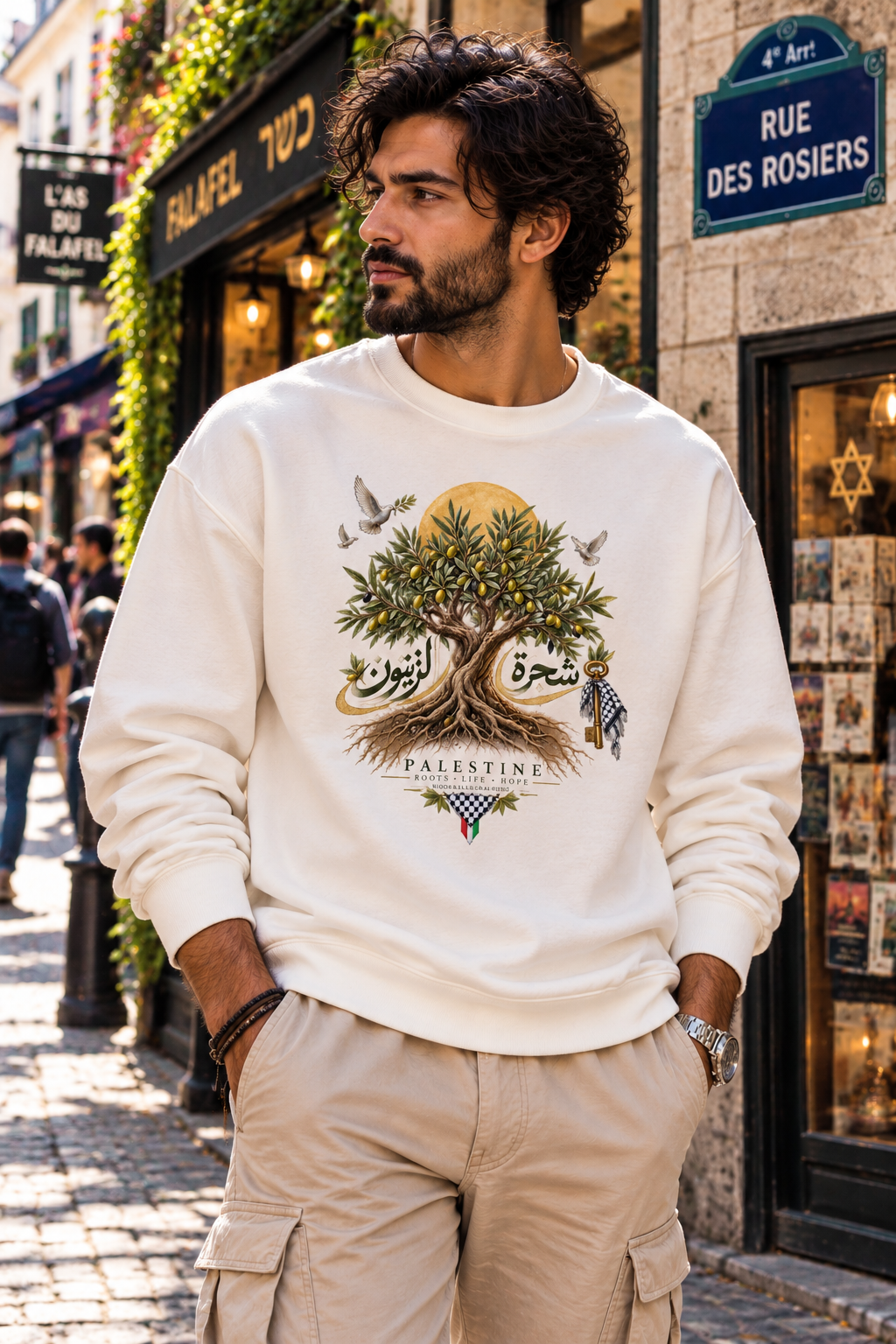 Sweat-shirt illustration Olivier | Calligraphie palestinienne, soleil et oiseaux