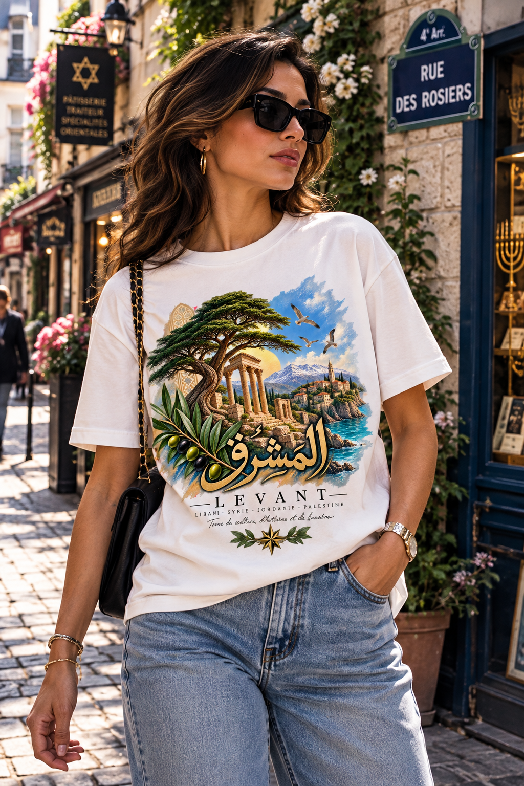 Levant Arabic Script Landscape T-Shirt | Mediterranean Ruins, Cedar Tree, Seaside
