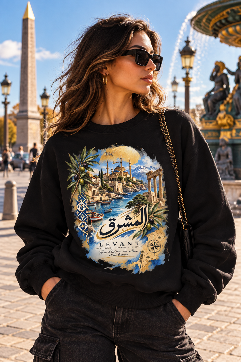 Levant vintage coastal illustration sweatshirt | Arabic script seaside scene